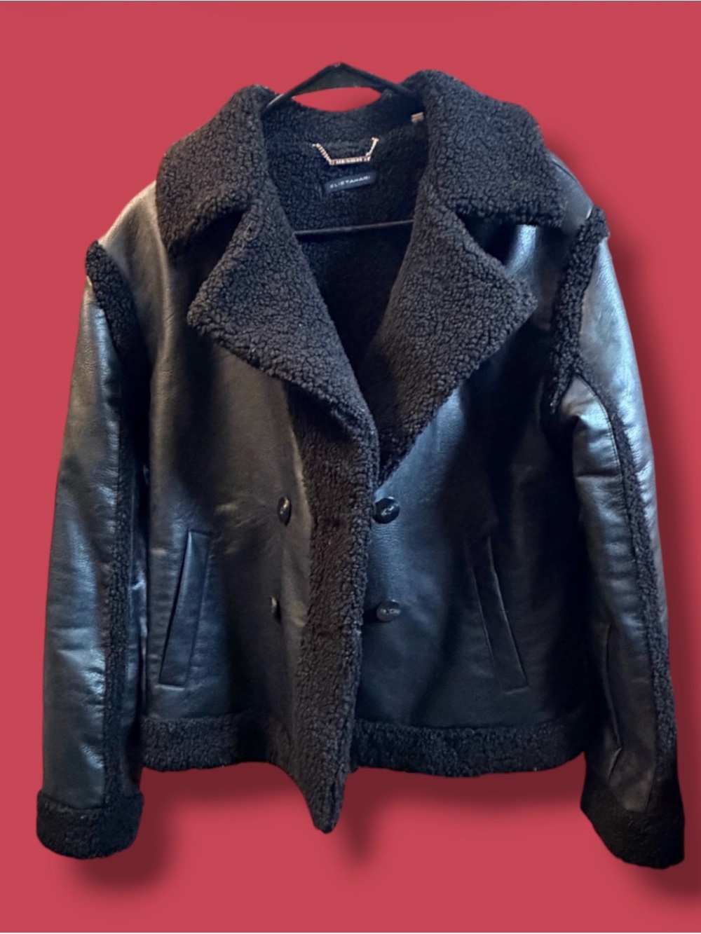 Elie Tahari Black Double-Breasted Shearling-Trim Leather Jacket